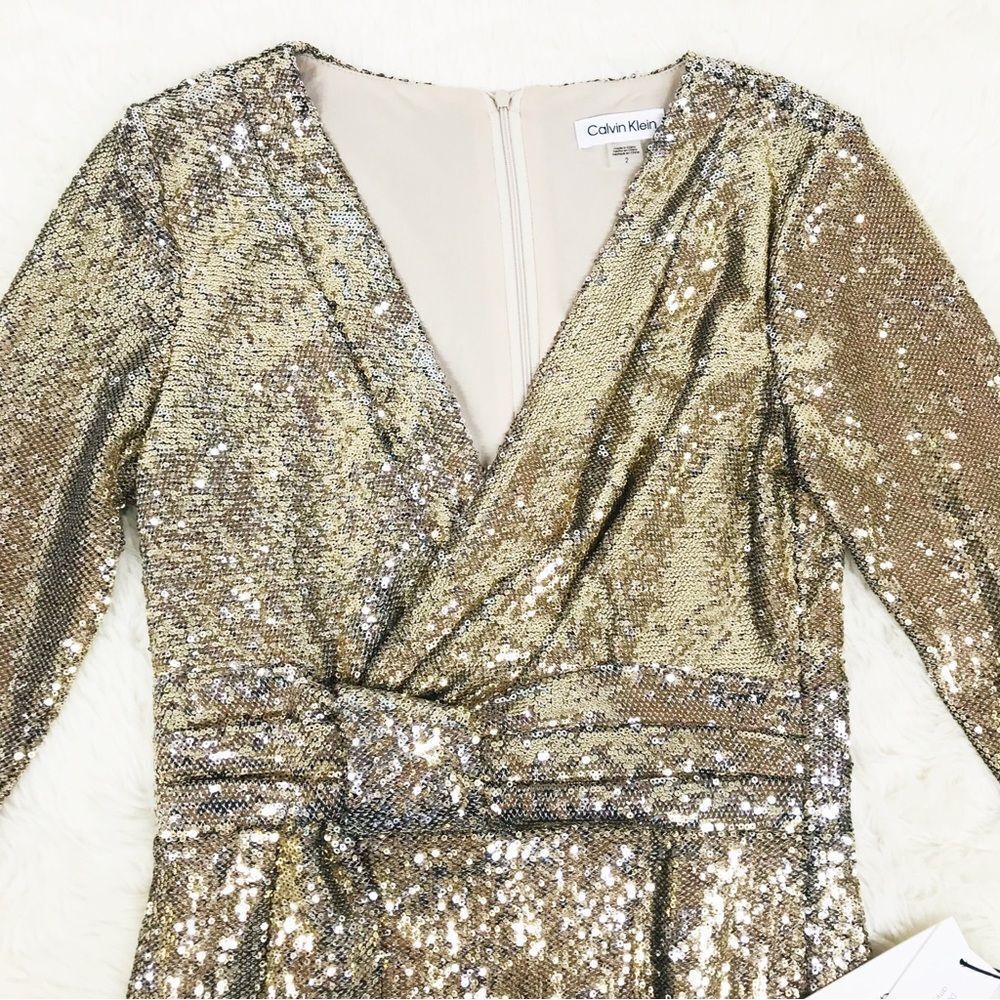 CALVIN KLEIN Gold Sequin Cocktail Dress Party Knee Length Faux Wrap Size 2 New - Picture 3 of 12
